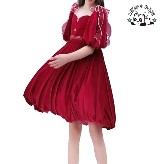 LEZONKIDS - High Quality  Children Performance Clothing Gold Velvet Short Sleeve Party Girls Dress for Kids